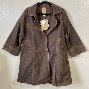 Flashback Brown Textured Button Front Jacket Contrast Stitch Patch Pockets Woven